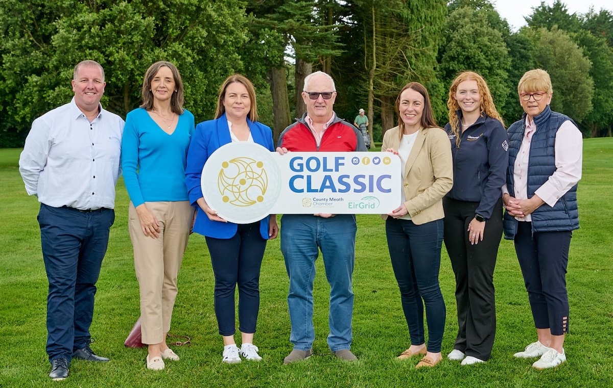 Attending the Official Launch of the 2025 Chamber Golf Classic in Royal Tara Golf Club:
L/R:  Phil McDermott - Tara Mortgage Solutions, Paula McCaul CEO County Meath Chamber, Grainne Duffy Community Liaison Officer Eirgrid, Fintan Hogan Hogans Farm & Board Member of County Meath Chamber, Annette McGarry Head of Community Engagement Glenveagh, Megan Ferguson Glenveagh & Trish McDonnell County Meath Chamber