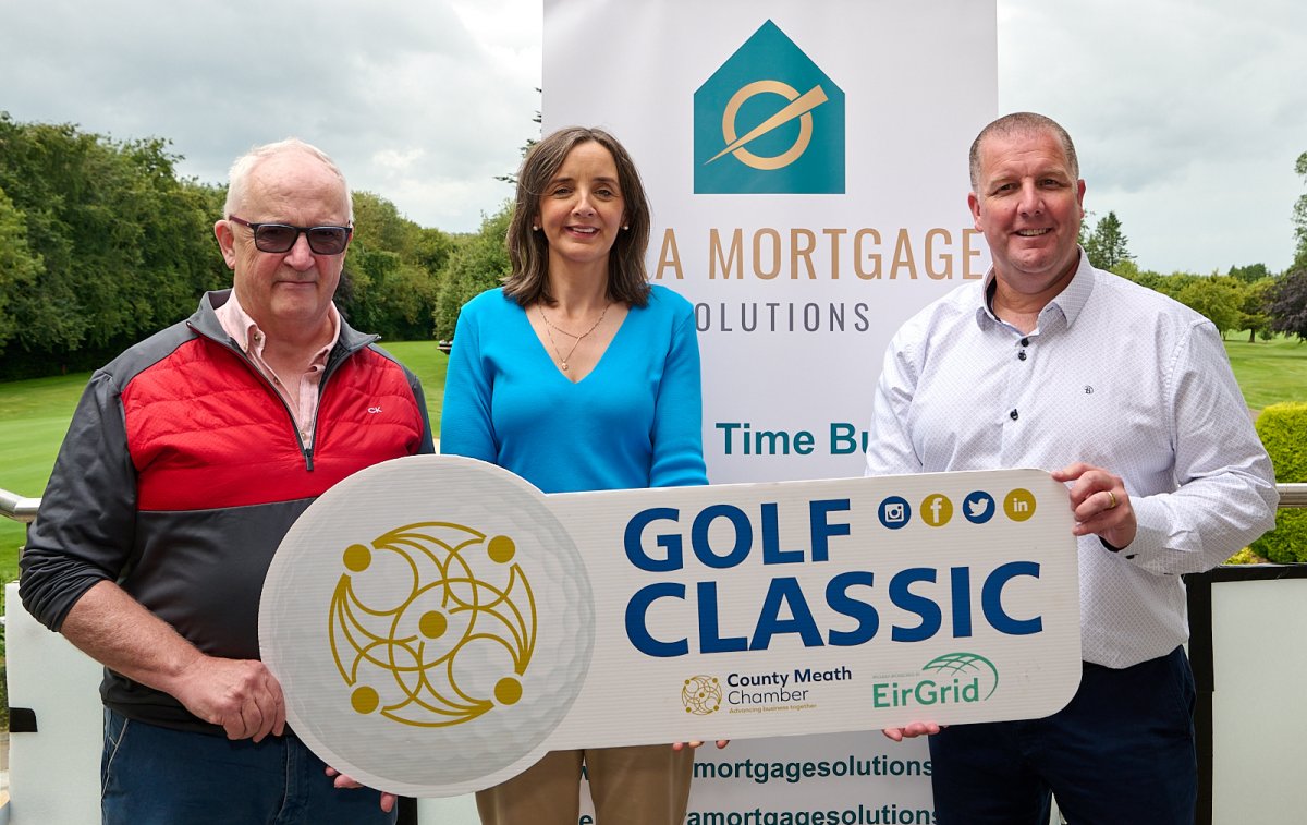 Fintan Hogan Hogans Farm & Board Member of County Meath Chamber, Paula McCaul CEO County Meath Chamber, Phil McDermott Tara Mortgage Solutions Sponsor of 2nd Prize at the County Meath Chamber Golf Classic