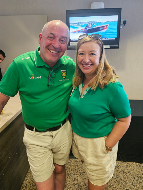 County Meath Chamber President Niamh Giffney met with Letterkenny Chamber Council's Gerard McCormick owner of Magees Chemist Letterkenny in Croke Park at Meath v Donegal - GAA Football All-Ireland Senior Championship Semi. Hosted by Eirgrid.