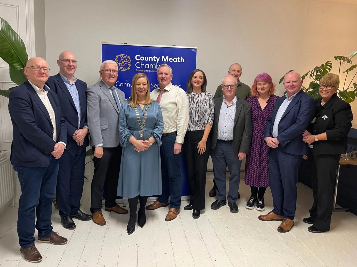 County Meath Chamber Board 2024
L/R:  Pat Smith Local Power (South East Meath Rep), Alan Byrne (Chamber Treasurer), John V Farrelly (Meath West Rep), Chamber President Niamh Giffney (Navan Rep), Michael Hughes (Trim Rep), Paula McCaul CEO, Fintan Hogan (Kells Rep), Michael Wall (Kells Rep), Ciara Burke (Meath East Rep), Bill Sweeney (Chamber Secretary), Trish McDonnell County Meath Chamber.  Missing from the picture is Alan Tobin (Ashbourne Rep)