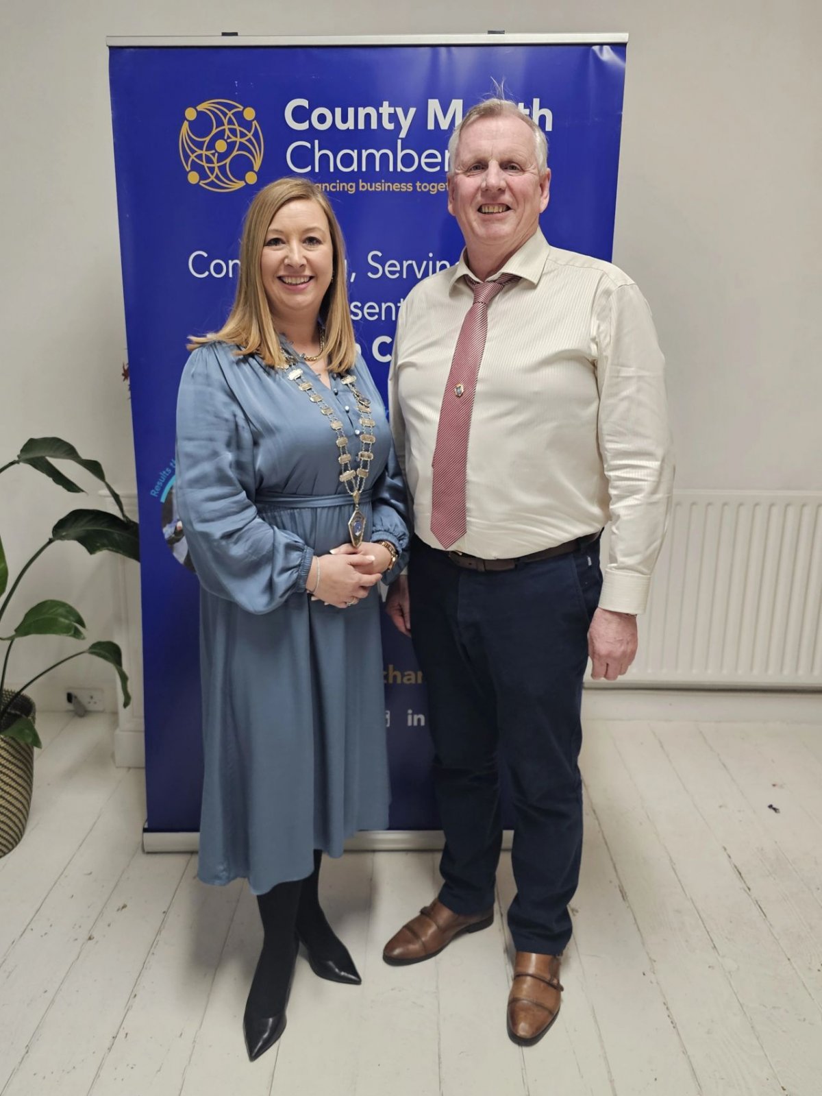 Incoming President of County Meath Chamber Niamh Giffney (Navan) pictured with outgoing President Michael Hughes (Trim)